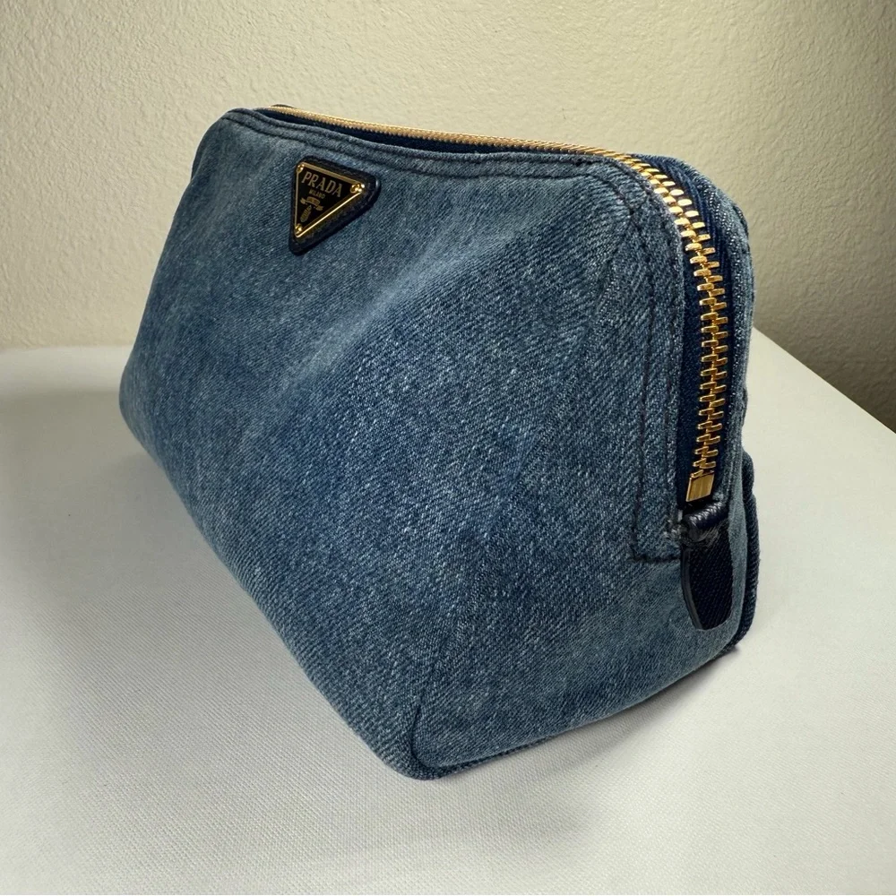 Prada Blue Denim Triangle Logo Pouch with Gold Hardware - Picture 6 of 16